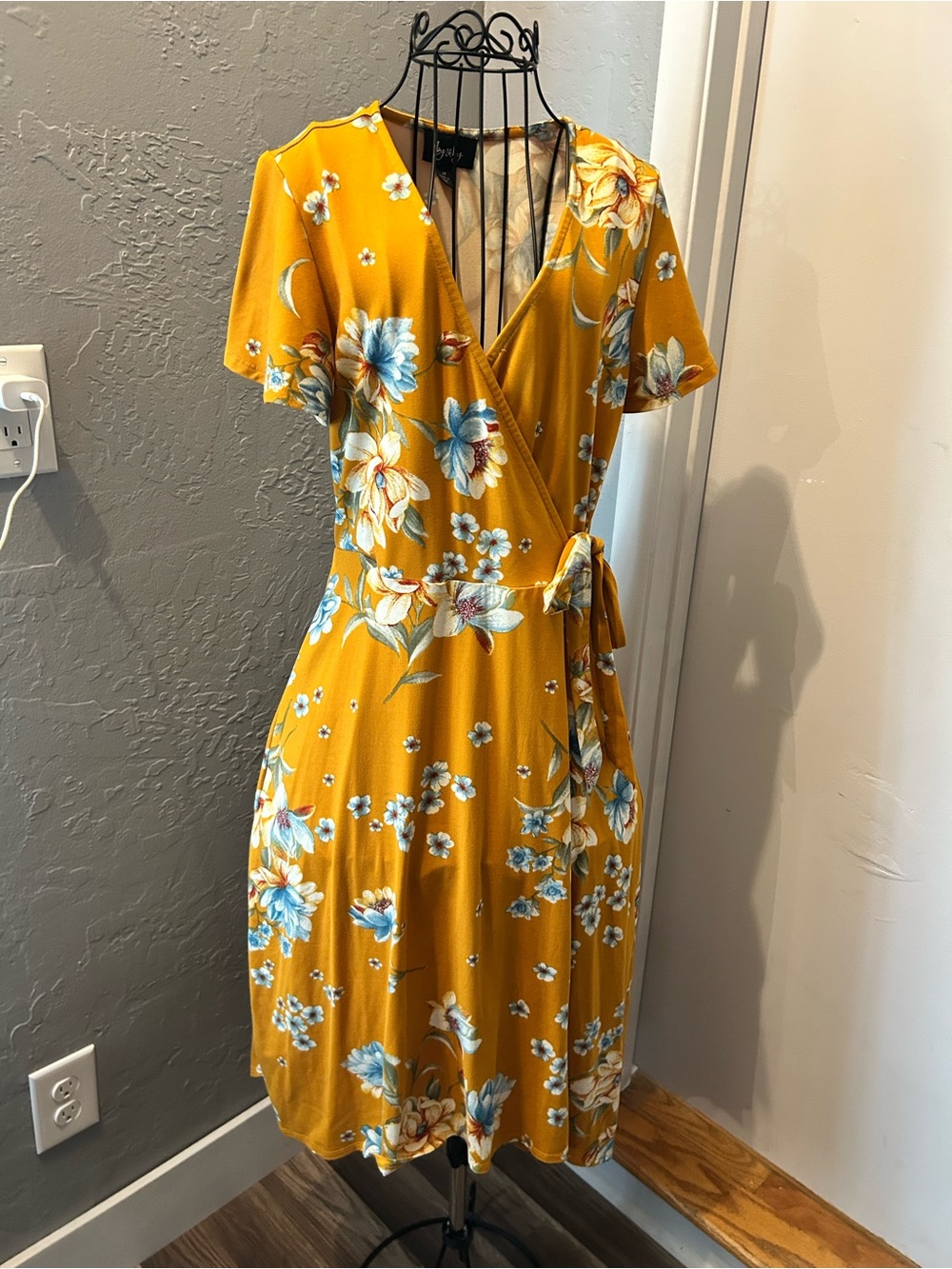 by & by Mustard Yellow Floral Wrap Midi Dress